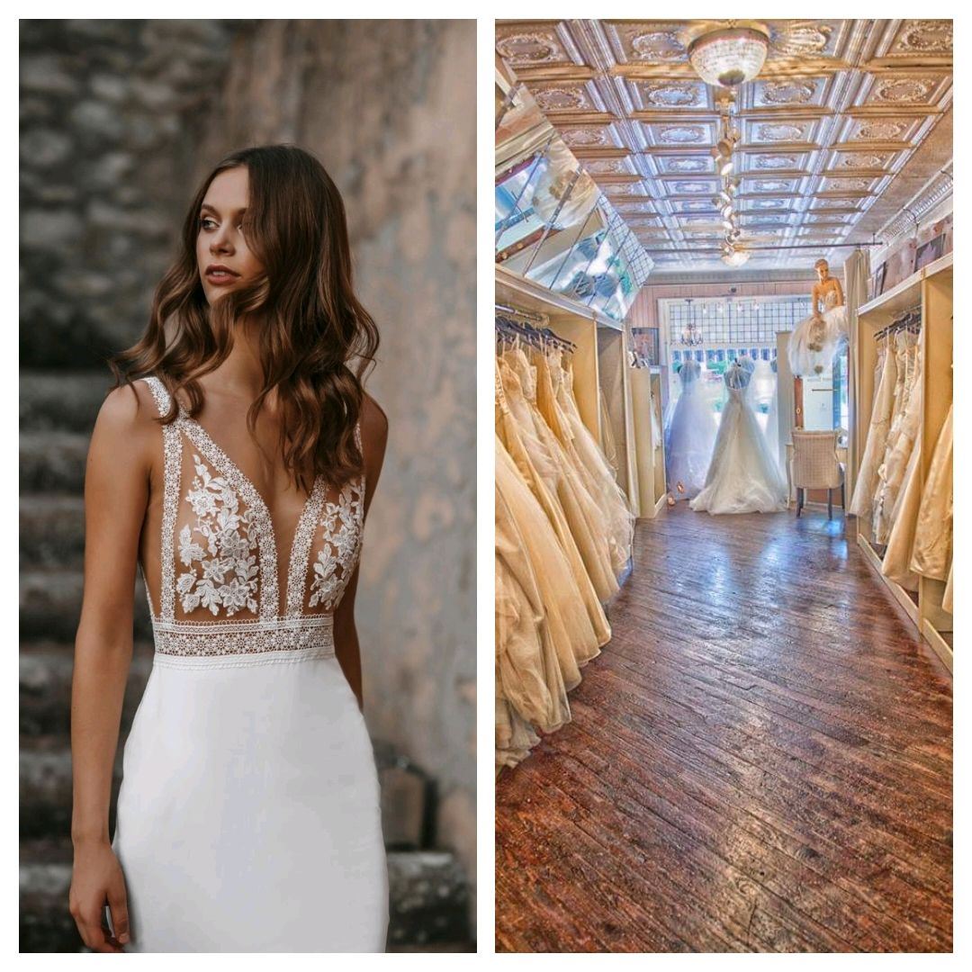 Photo of the model wearing bridal gown and the showroom interior - Desktop Image